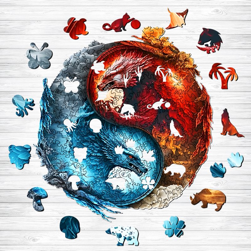Jeffpuzzle™-Jeffpuzzle™Fearles Water And Fire Dragon Yinyang Wooden Jigsaw Puzzle