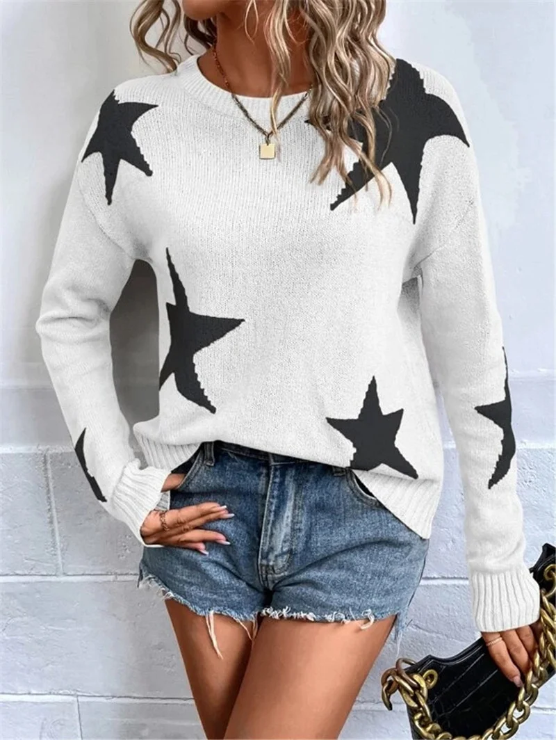 Athvotar Athvotar And Winter Loose Round Collar Star Pattern Knitted Long-Sleeved Sweater