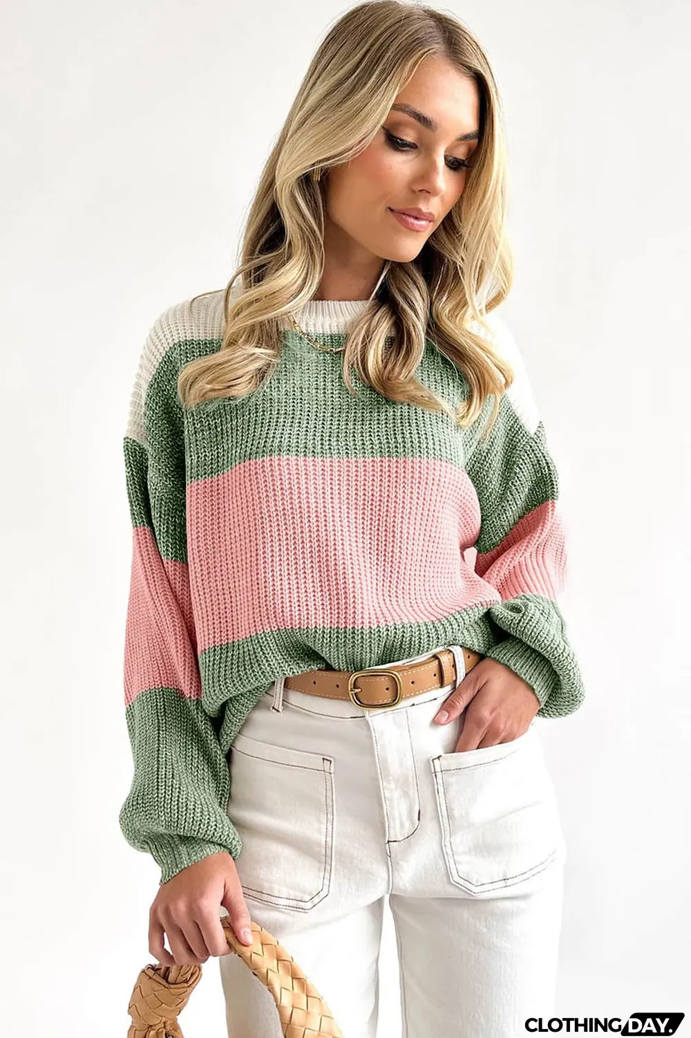 Green Colorblock Drop Shoulder Pullover Loose Sweater