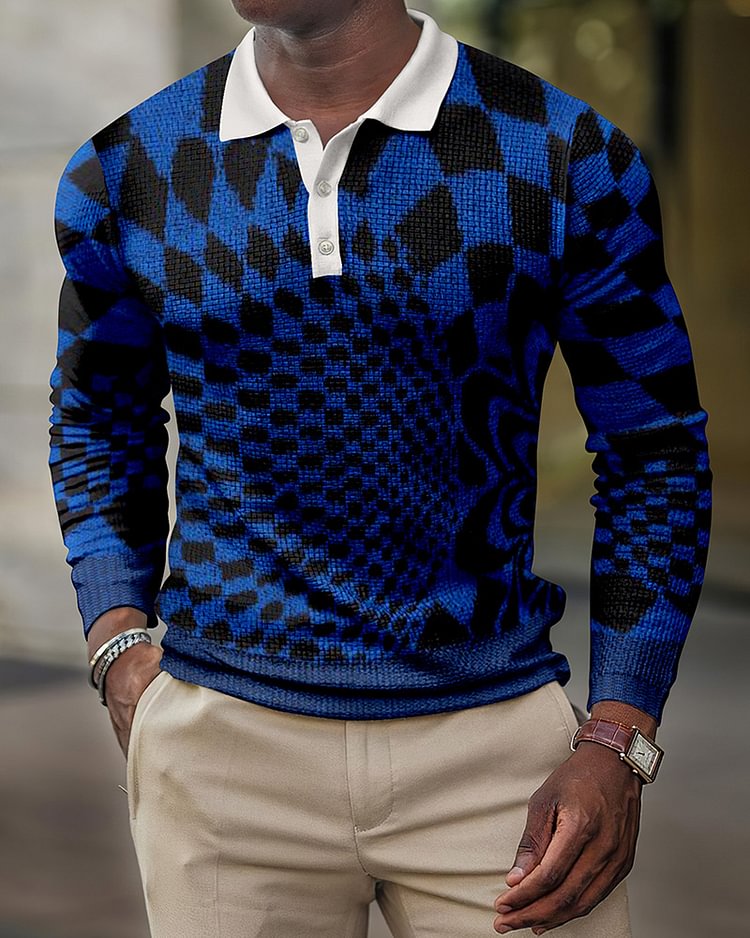 Men's creative graphic contrast retro casual polo shirt