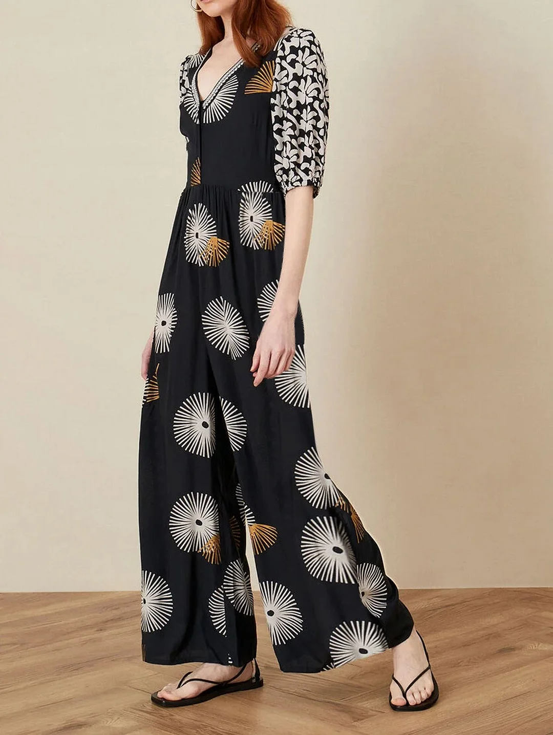 Contrast Spliced Printed Wide Leg Jumpsuit
