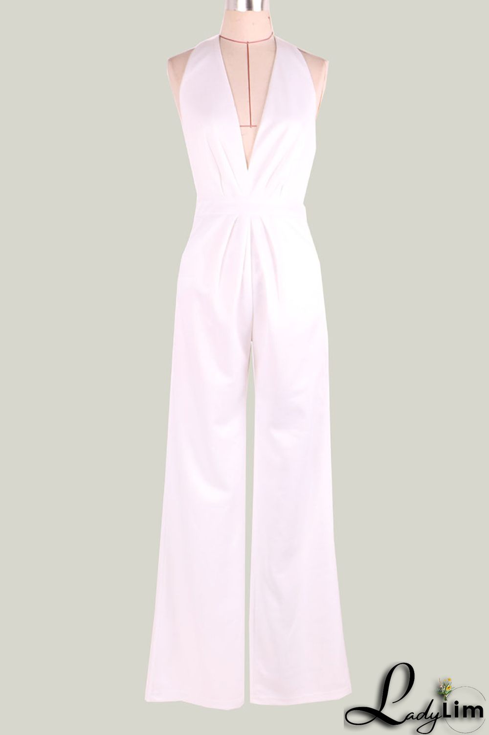 Black Simplicity Solid Split Joint Backless Halter Straight Jumpsuits