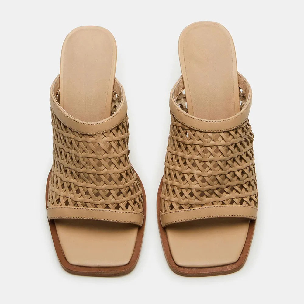 Nude Vegan Leather Woven Cylinder Heel Open Toe Slide Sandals
