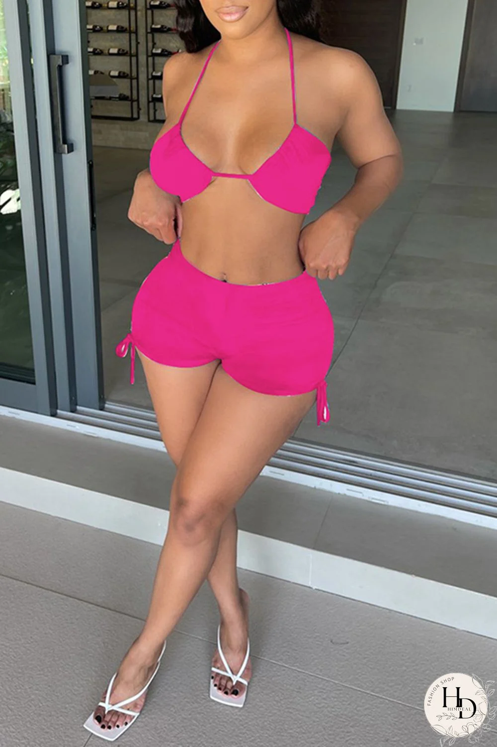 Black Fashion Sexy Solid Backless Halter Sleeveless Two Pieces