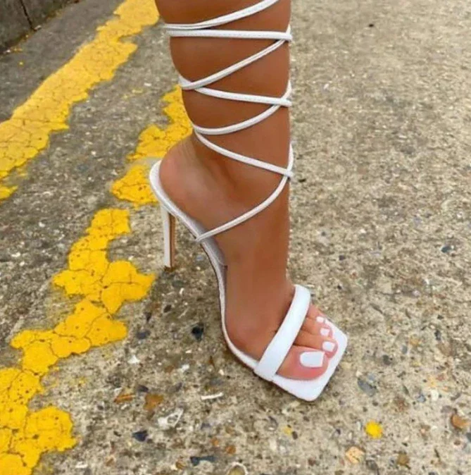 Qengg New Women's High Heels Fashion Rhinestone Braided Ankle Strap Sandals Simple Stiletto Sexy High Heels Plus Size Tacones De Aguja
