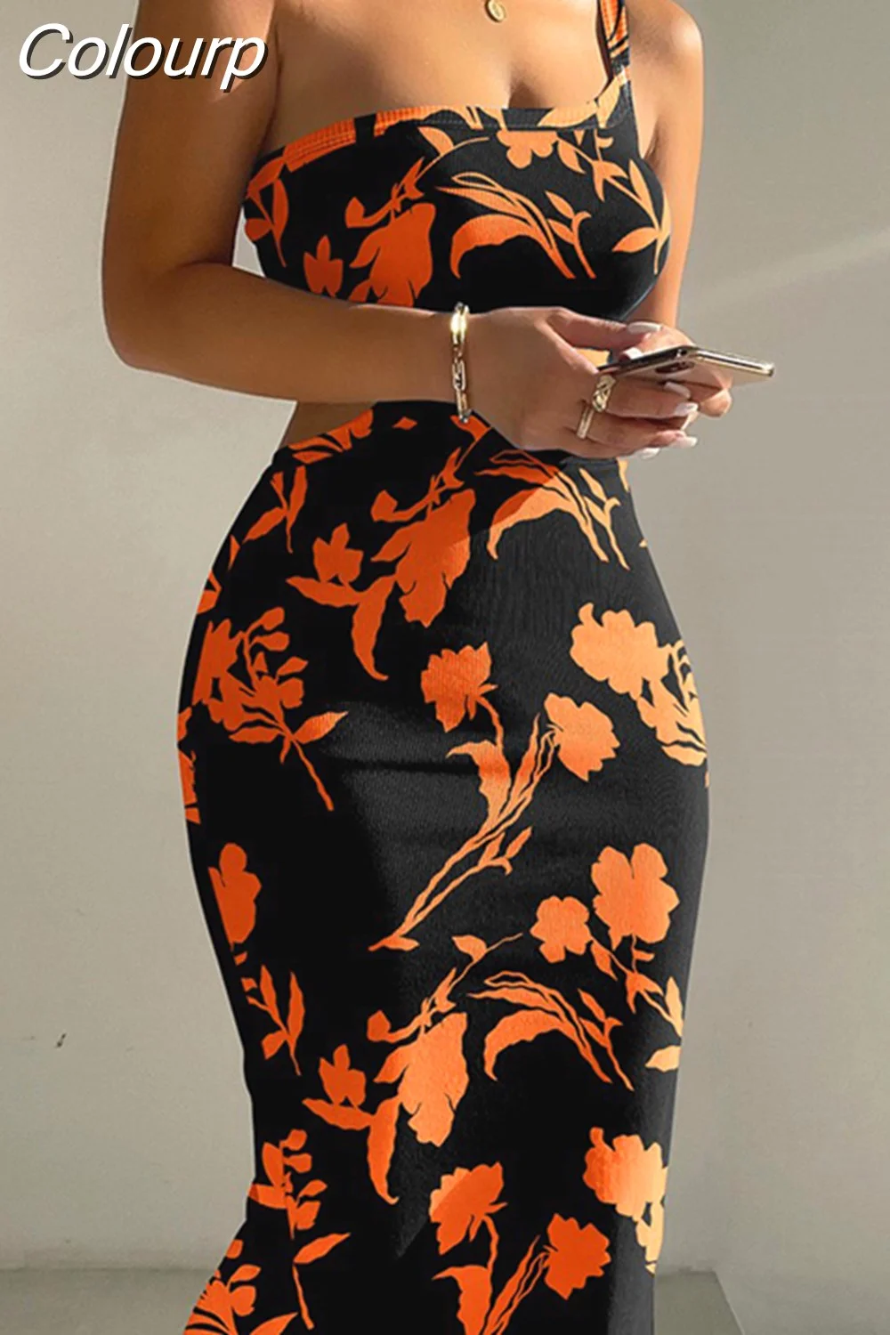 Colourp Summer Dresses For Women Plants Print One Shoulder Cutout Bodycon Dress Vestidos De Mujer Casual Boho Midi Dress Free Ship