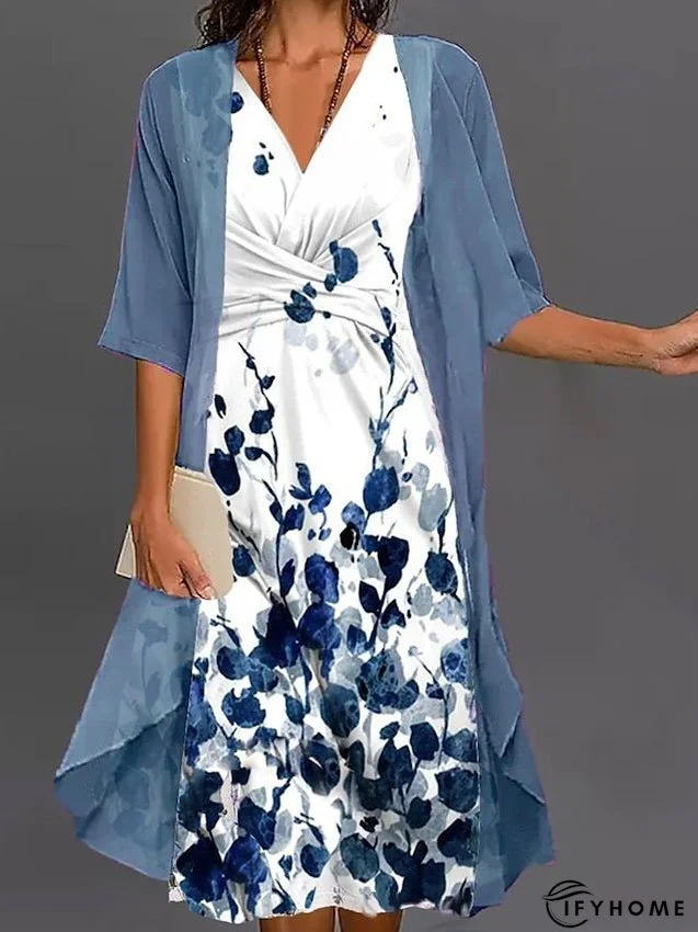 Two Piece Dress Set Casual Dress Tank Dress Outdoor Daily Fashion Elegant Twist Knot Front Midi Dress V Neck Half Sleeve Leaf Regular Fit Blue Summer Spring S M L XL XXL for Women | IFYHOME