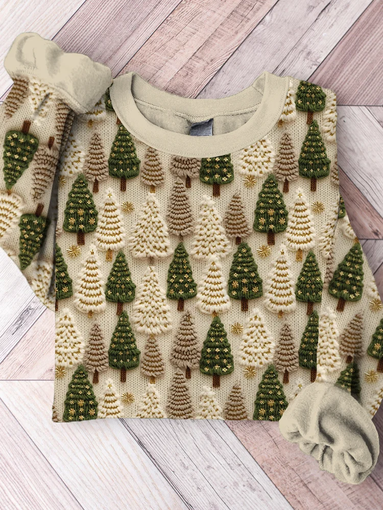 Comstylish Christmas Tree Embroidery Art Casual Cozy Sweatshirt
