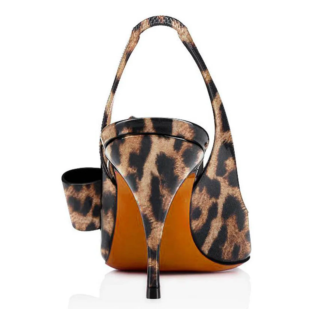 Leopard Print Pointed Toe Stiletto Heel Bow Slingback Pumps