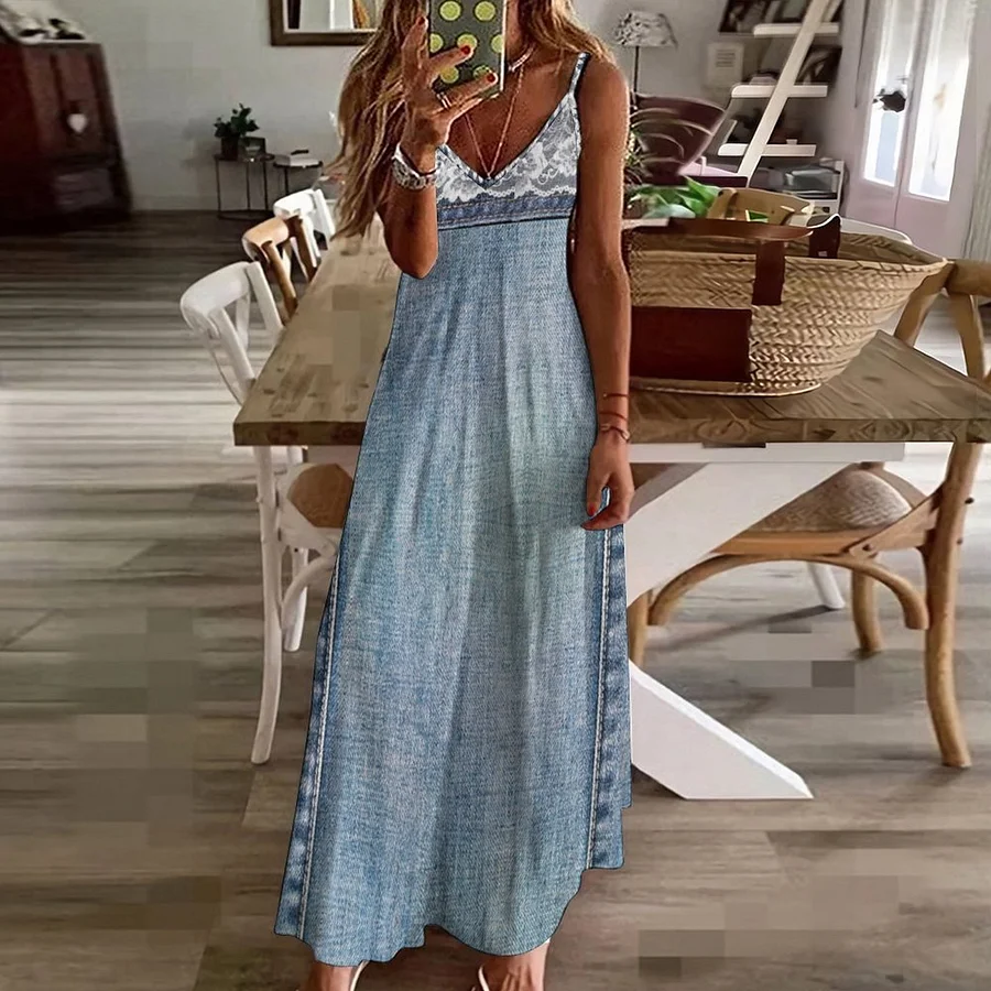 chinese dress ladies Medium Wash Denim Lace Ruffle Sweetheart Midi Dress
