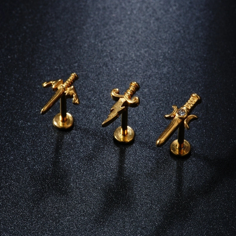 1 Piece 1 Set Hip-Hop Rock Cool Style Sword Asymmetrical 304 Stainless Steel Zircon K Gold Plated Rhodium Plated Ear Studs