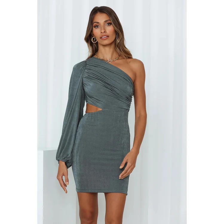 Elegant and Chic Slant Shoulder Hollow Open Waist Sexy Mini Bodycon Dress