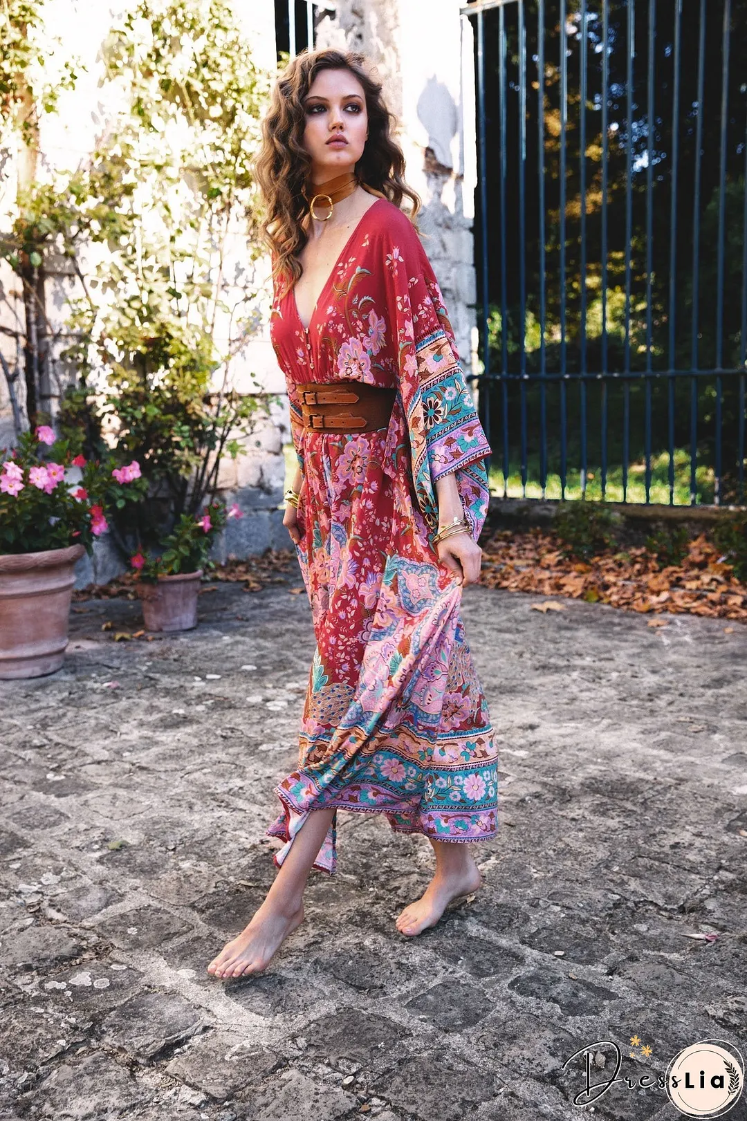 Bohemian Maxi Lotus Print V-Neck Long Dress