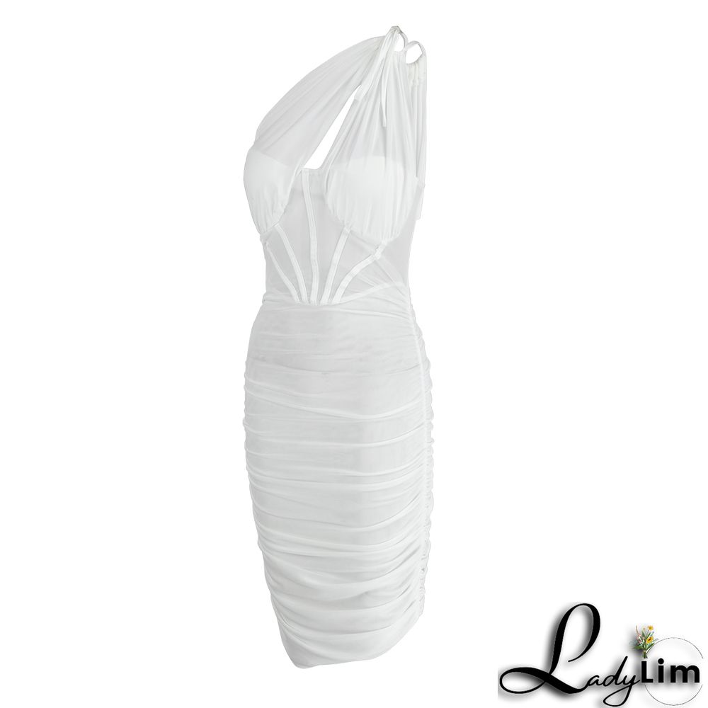 Apricot Sexy Solid Mesh One Shoulder Pencil Skirt Dresses