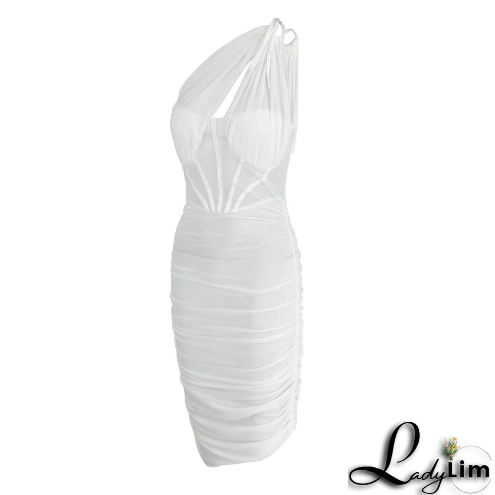 Apricot Sexy Solid Mesh One Shoulder Pencil Skirt Dresses