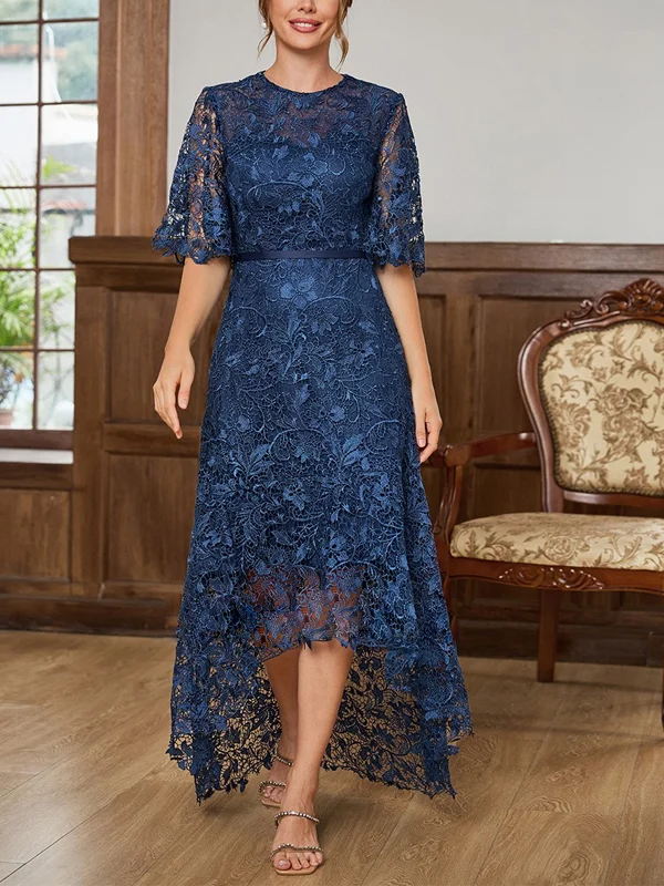 Round Neck Lace Solid Color Midi Dress