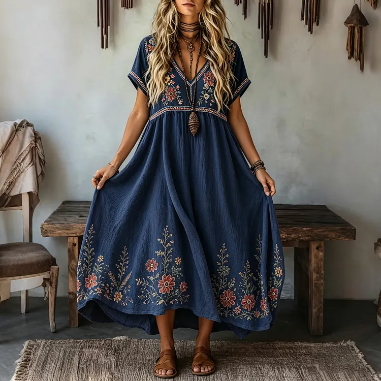 Women's Retro Bohemian Vacation V-neck Linen Dress