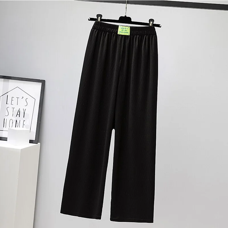 Summer Straight Casual Pants Women Black Patches Elastic Waist Ankle Length Pants Femme Thin Loose Pantalones Mujer.