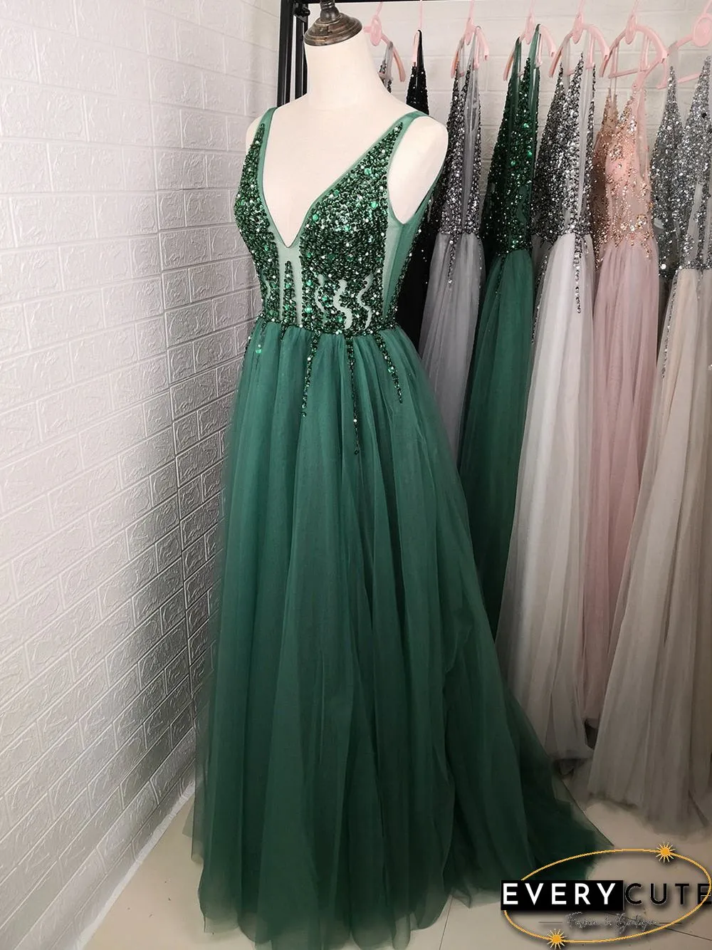 Light Gray Prom Dress Long Neck High Split Tulle Sweep Train Evening Gown A-Line Backless