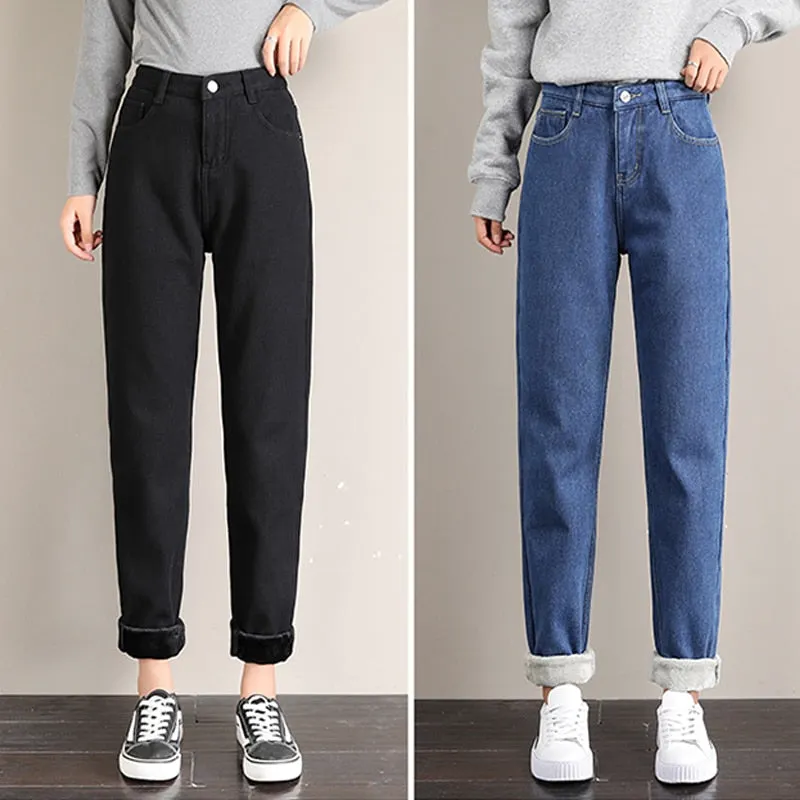 Warm Jeans Winter 2020 New Velvet Thick Mom Jeans High Waist Harem Trousers  Female Pantalon Loose Wide-leg Fleece Denim Pants