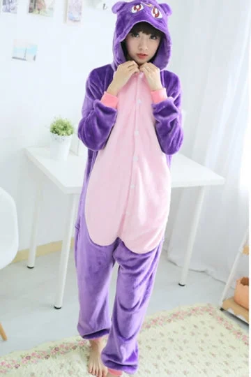 Purple Cute Ladies Cat Flannel Pajamas Jumpsuit Costume-elleschic