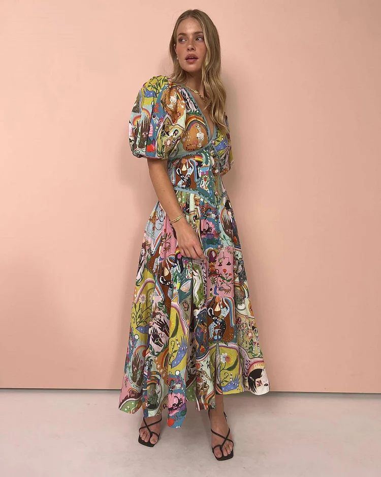 Puff sleeve V Neck Graffiti Printed Dress