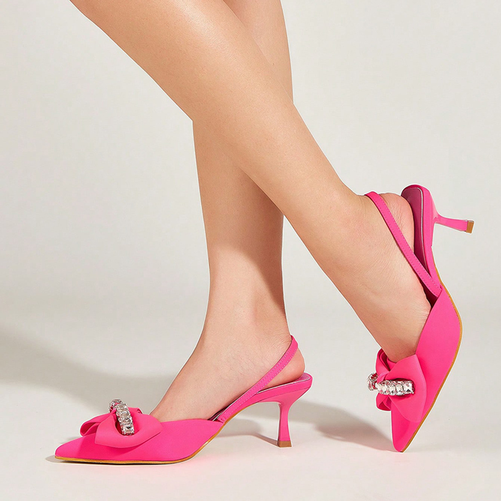 Pink Satin Pointed Toe Stiletto Heel Slingback Pumps with Bow Nicepairs