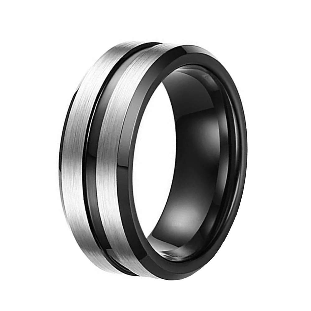 8MM Silver Brushed Beveled Edges Black Tungsten Grooved Rings