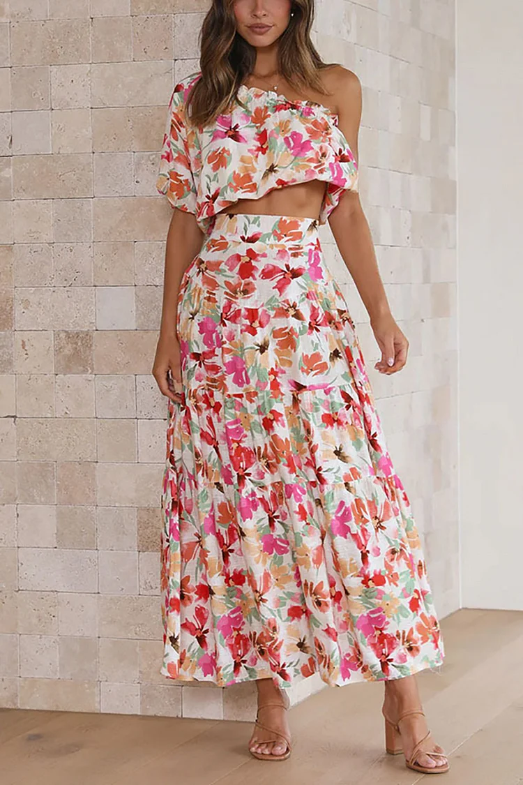 One Shoulder Short Sleeve Crop Top Tiered Pleated Maxi Skirt Floral Print Vacation Matching Sets
