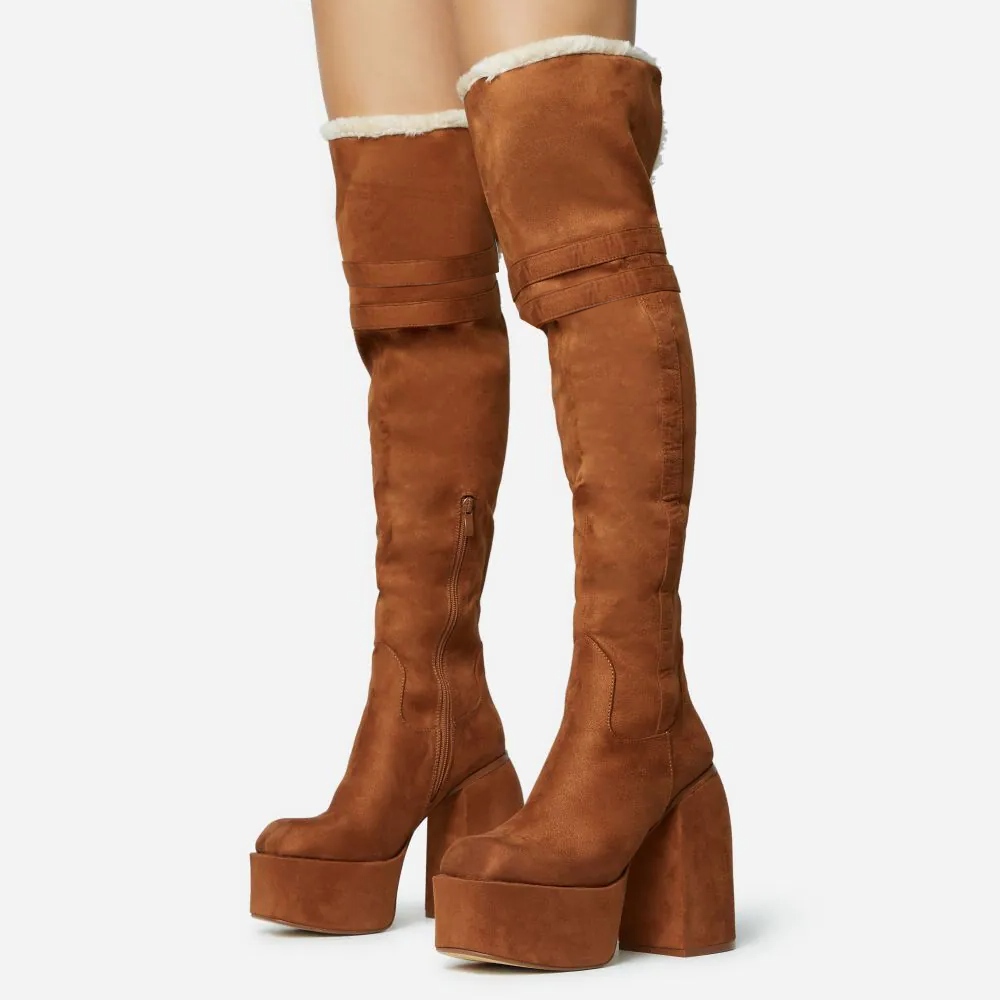 Brown Square Toe Suede Boots With Platform Chunky Heels Furry Over The Knee Boots Nicepairs