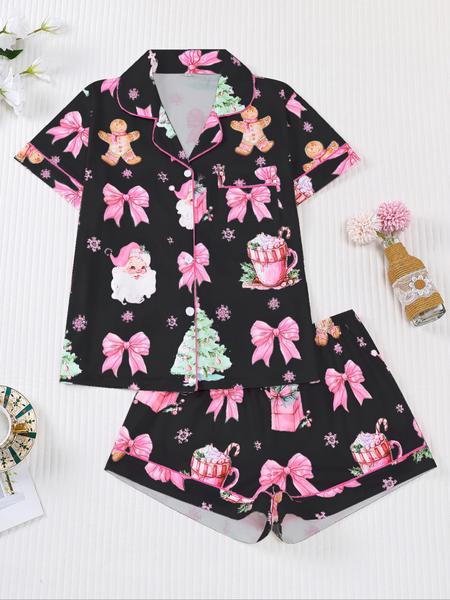 【christmas】Women's Christmas Pajama Set, Santa Cookie Print, Short Sleeve Button-up Top & Elastic Shorts, Casual All-season Sleepwear, Christmas Pyjamas, Loungewear