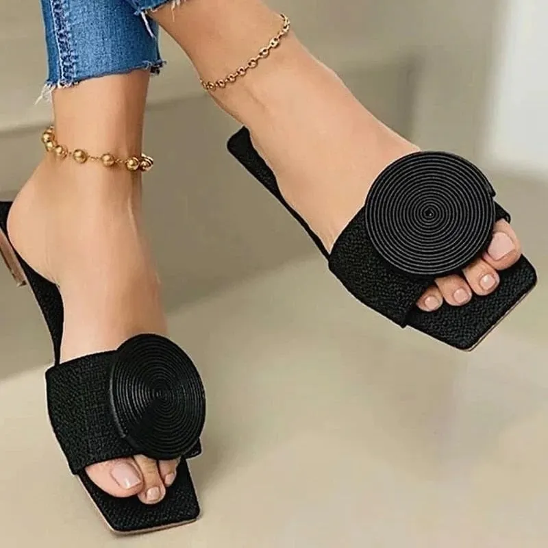 2021 Summer Women Slipper Flat Fashion Female Shoes Square Toe Flat Round Buckle Decoration Solid Flats Sandals  Beach Shoes