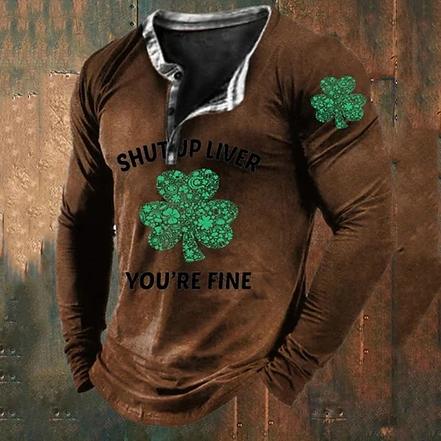 VChics Men's St. Patrick's Day Shut Up Liver You're Fine Button Long Sleeve Top