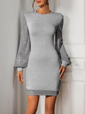 Image of Split-Joint Sequined Puff Sleeves Long Sleeves Round-Neck Mini Dresses