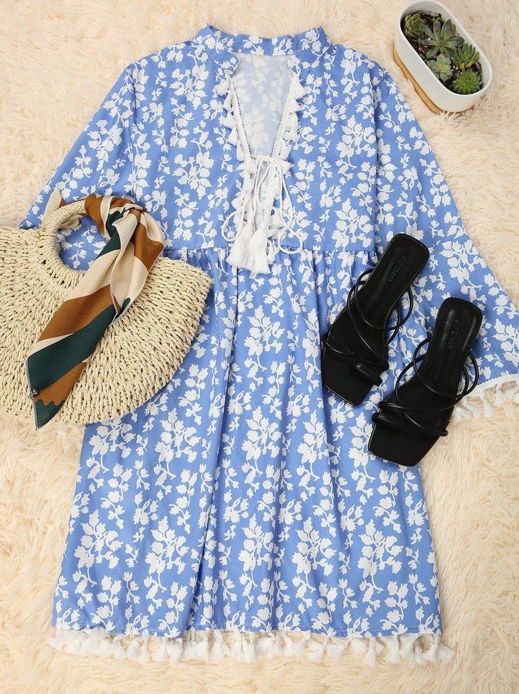 Chic Blue Printed V-Neck Loose Tassel Dress--vocosishoes
