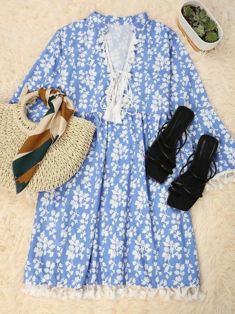 Chic Blue Printed V-Neck Loose Tassel Dress--vocosishoes