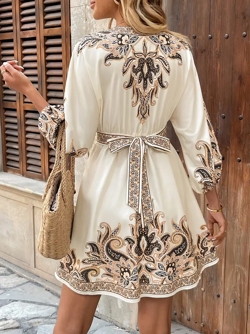 womens paisley print v neck a line dress with waist belt machine washable non stretch fabric   versatile style for casual formal occasions details 3