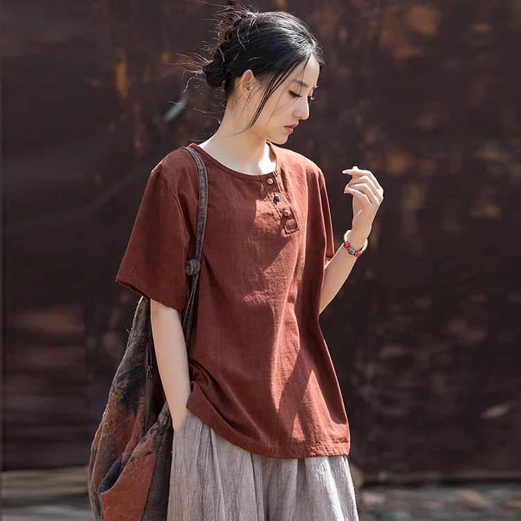 Casual Colorful Plate Linen T-Shirt