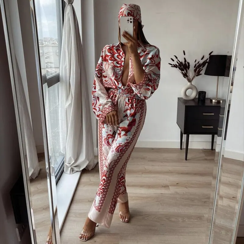 Vintage Chic Peahen Print Women Sets 2021za Summer Fashion Ladies Loose Satin Boho Suits Girls Chic Shirts Sets