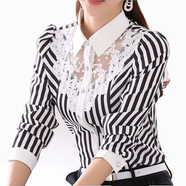 Long Sleeve Lace Tops Striped Blouse Women Spring Autumn Turn-Down Collar OL Blouses Official Female Shirt Formal Blouse - Shop Trendy Women's Clothing | LoverChic