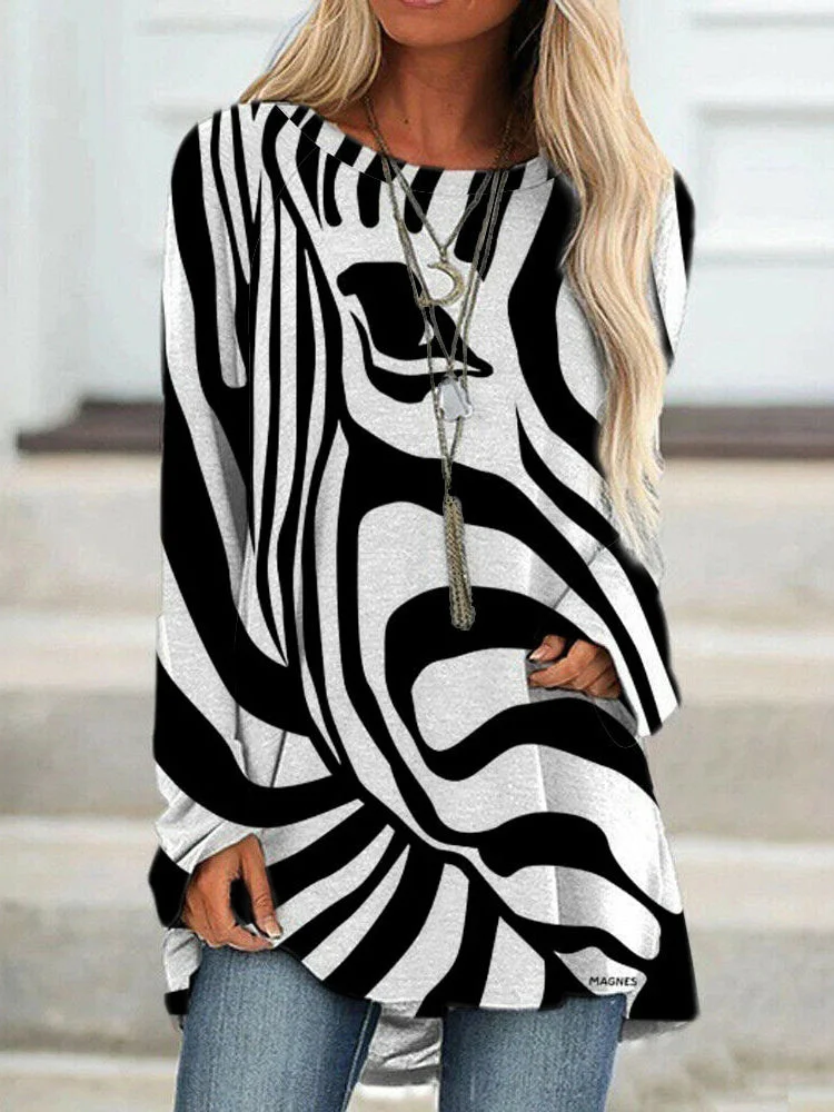 Women Long Sleeve Scoop Neck Printed Colorblock Women Tops