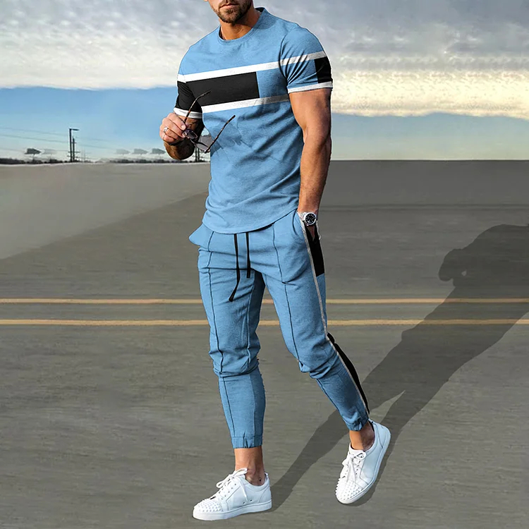 Casual Blue Stripes Printed T-Shirt And Pants Co-Ord