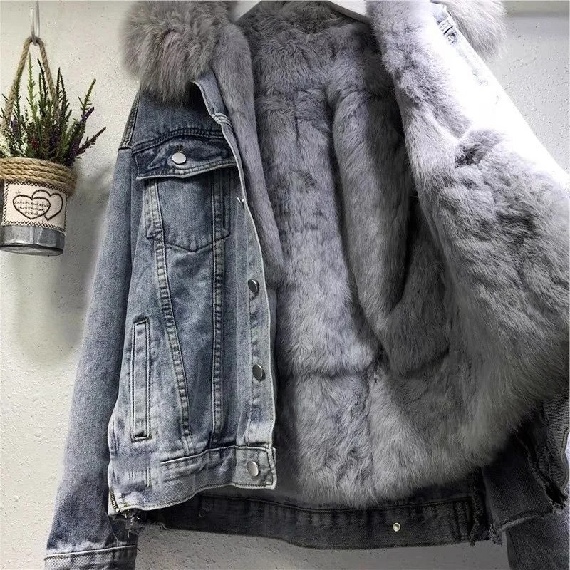 Wongn Wongn Coat Cotton-Padded Clothes 2024 Winter Velvet New Cotton-Padded Clothes Loose Korean Version Of Cowboy Fur Collar Thick Coat Women