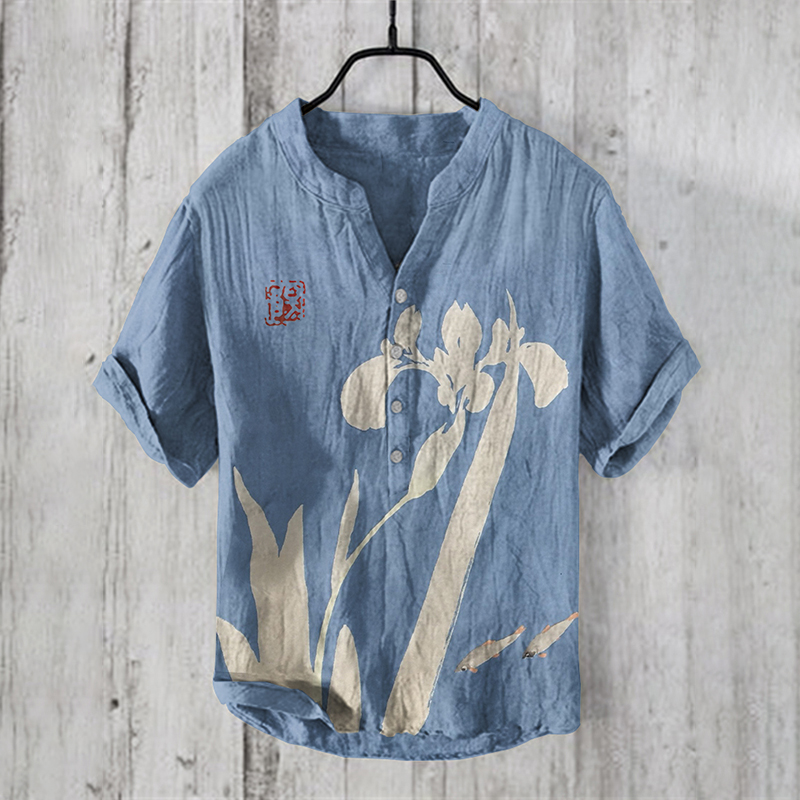 menweary Japanese Floral & Fish Art Linen Blend Cozy Shirt