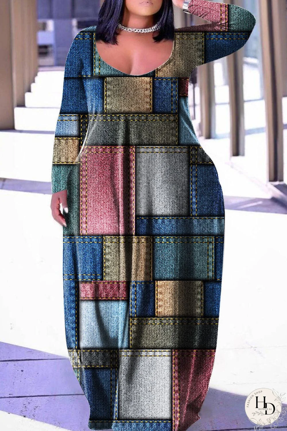 Multicolor Casual Print Patchwork Basic V Neck Long Sleeve Plus Size Dresses