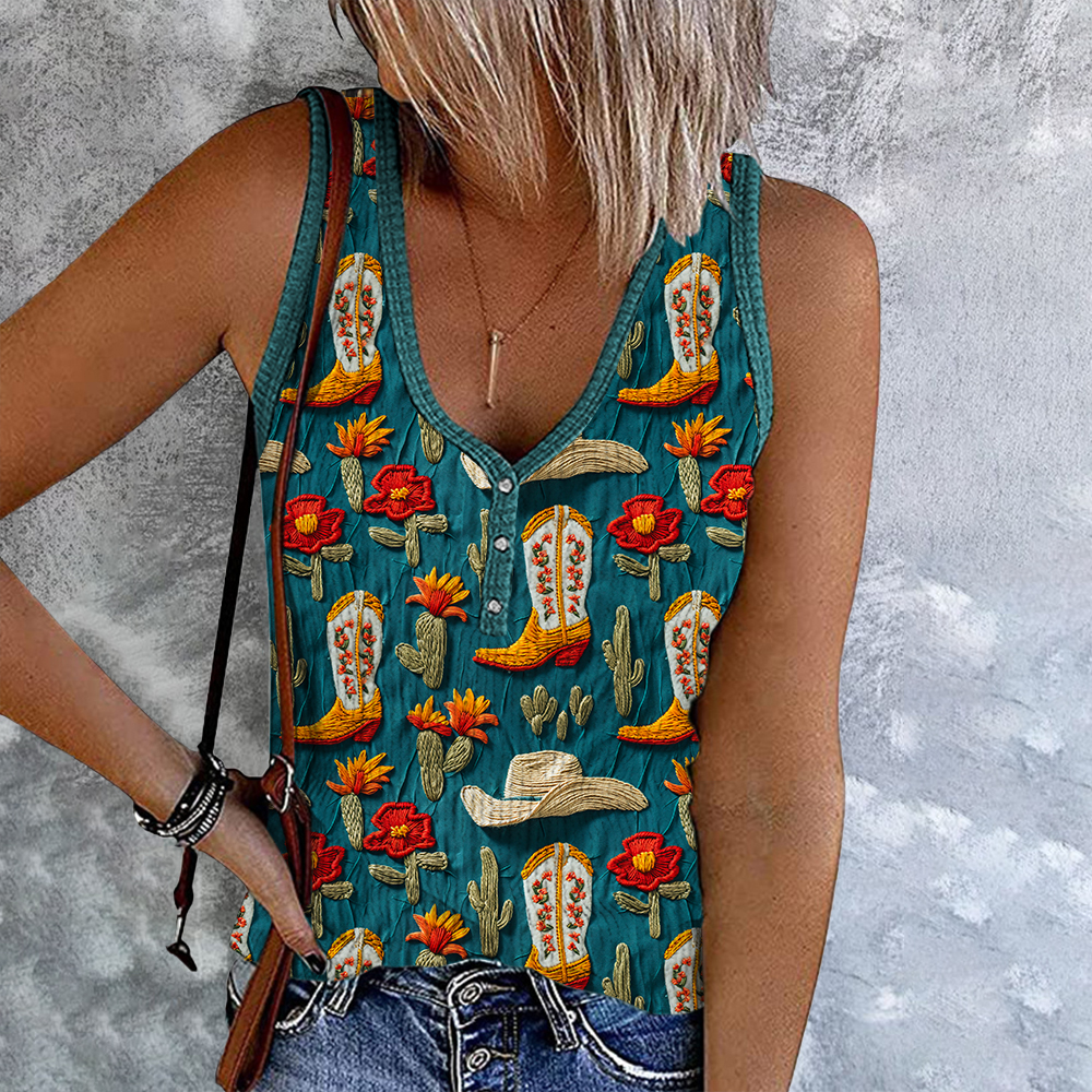  Western Tribal Boots And Floral Art Button Up Tank Top Westsshops