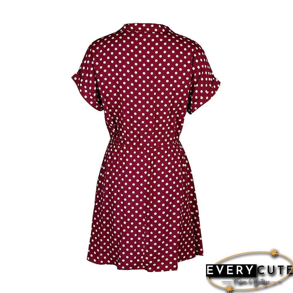 Wine Red Polka Dot Button Tie Waist Shirt Dress