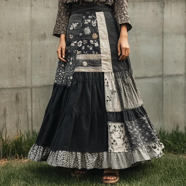 Women's Flowers Patchwork Art Linen Blend Skirt