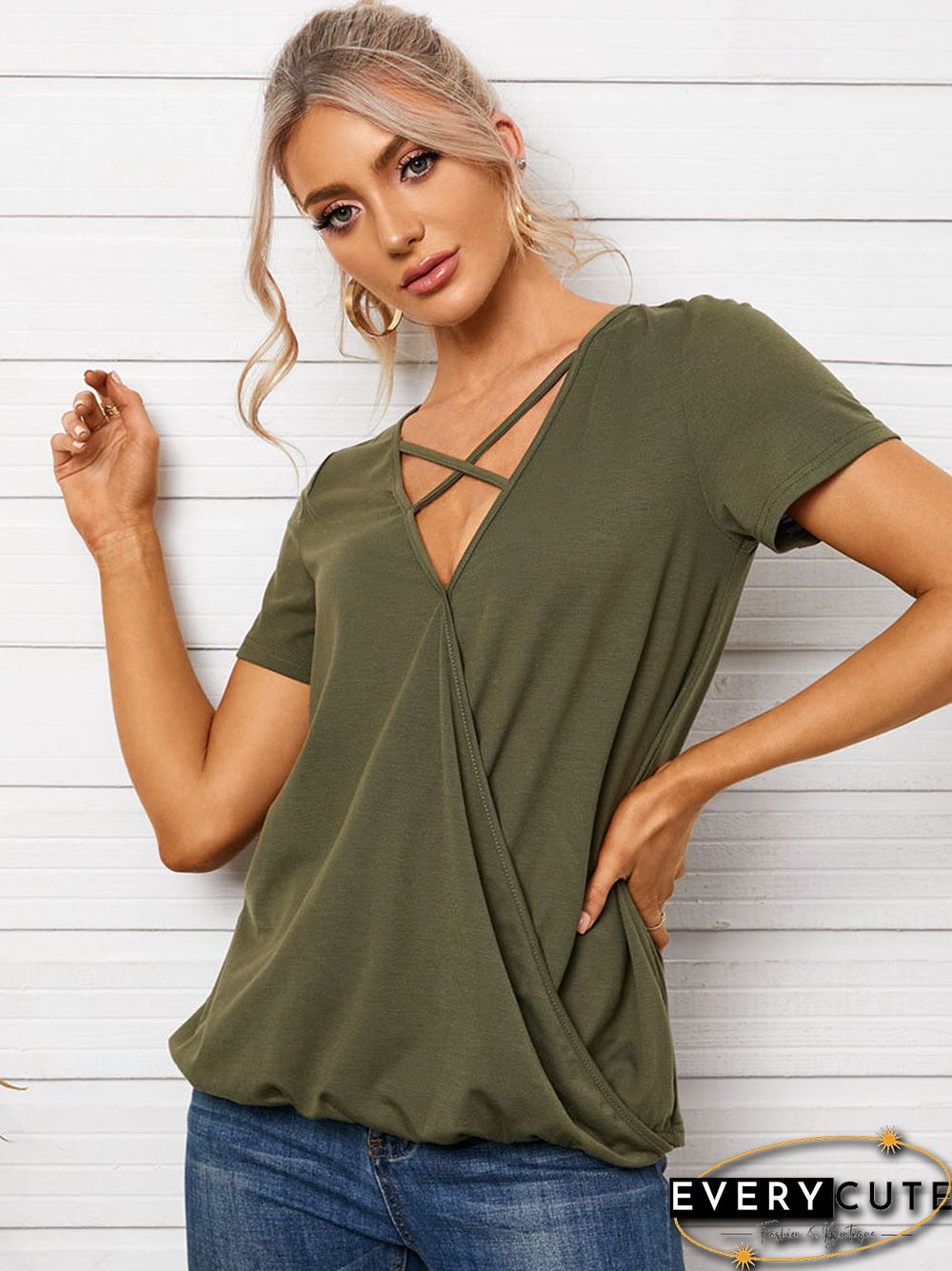 Solid Criss-cross V-neck Short Sleeve Casual T-shirt
