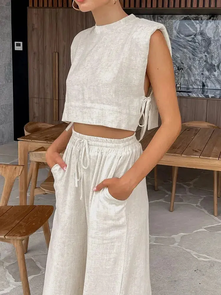 Zingj Lace Up Crop Top & Pants Two Piece Set